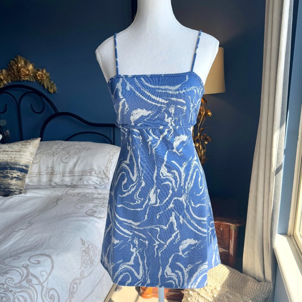 Blue and White Marble Swirl Side Cut Out Mini Party Dress